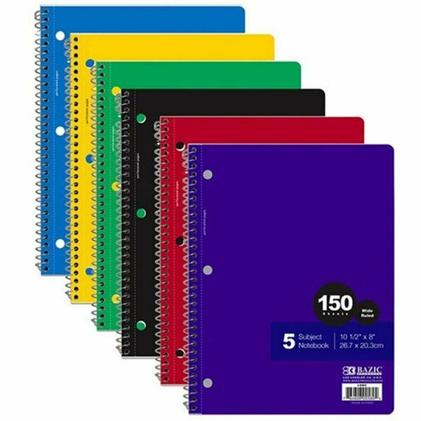 Bazic Products 5 Subject Wide Ruled Spiral Notebook - 150 Sheets  Assorted Cover Colors, 24PK BA36569